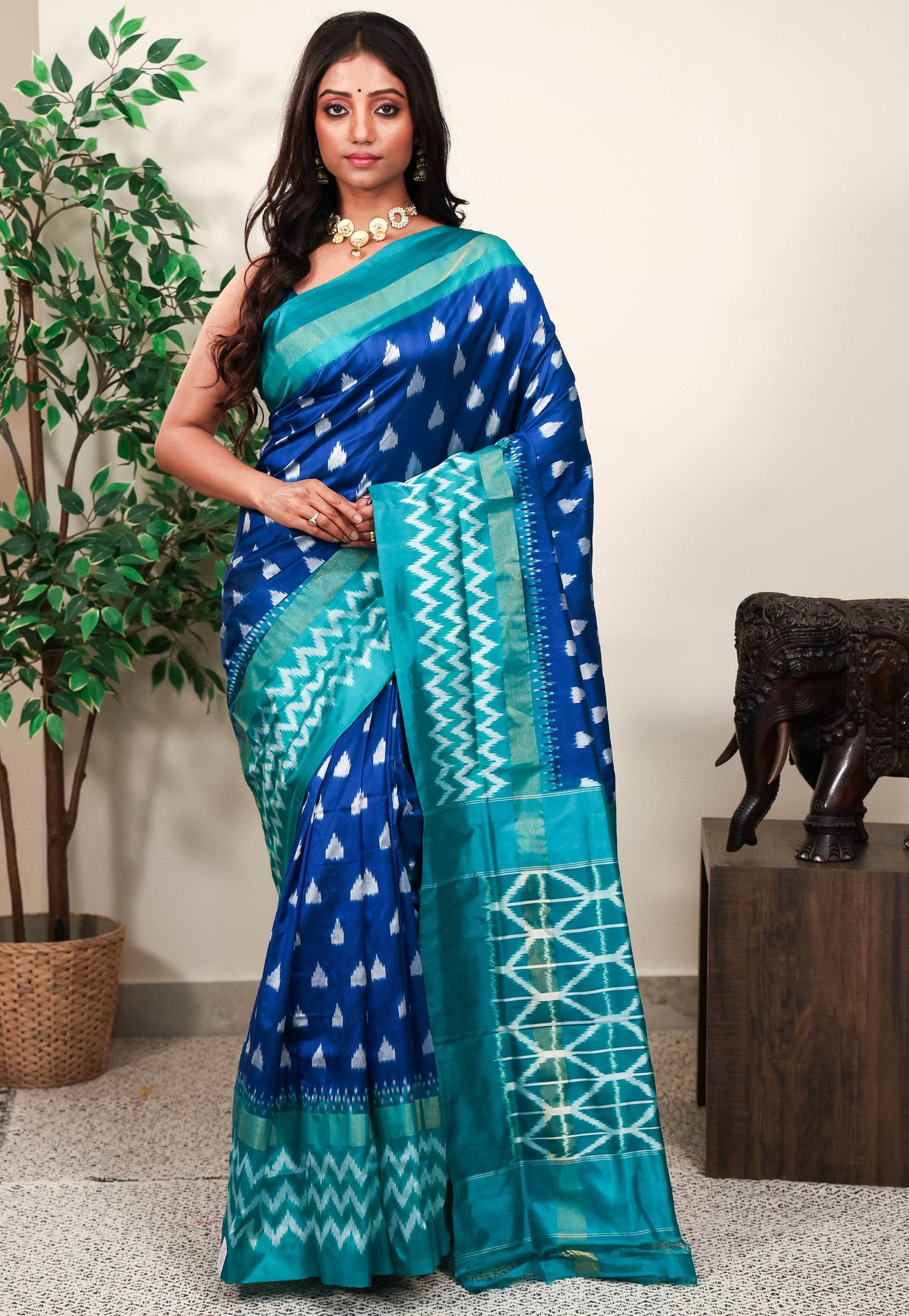 Turquoise Blue with Rama Green Border Ikkat Pure Silk Saree With Blouse Piece - Adi Akshoy & Co.