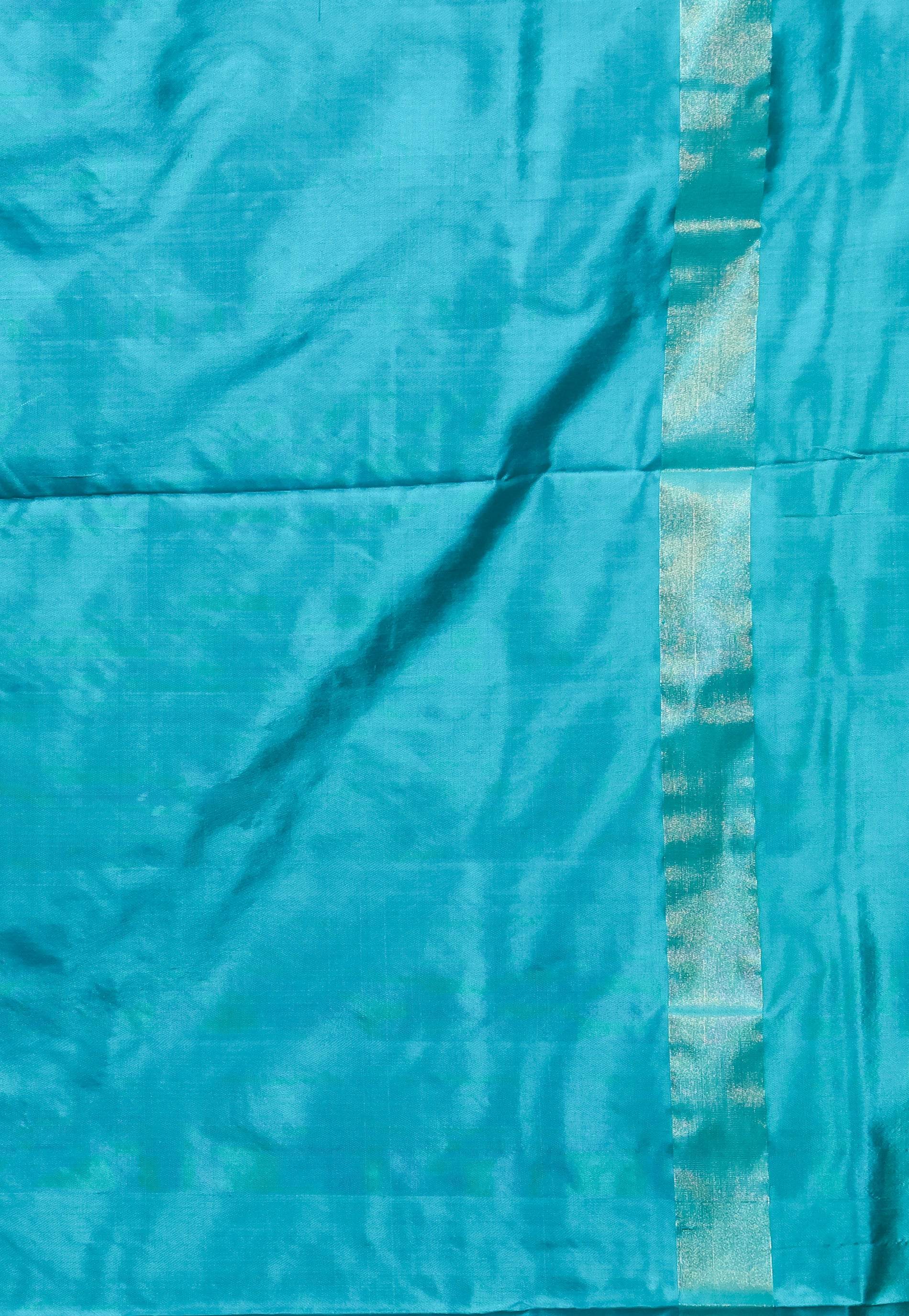Turquoise Blue with Rama Green Border Ikkat Pure Silk Saree With Blouse Piece - Adi Akshoy & Co.