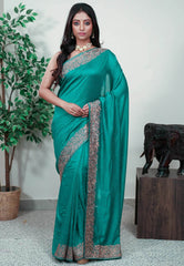 Rama Green Silk with Zari Embroidery work Saree with Blouse Piece - Adi Akshoy & Co.
