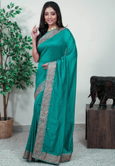 Rama Green Silk with Zari Embroidery work Saree with Blouse Piece - Adi Akshoy & Co.