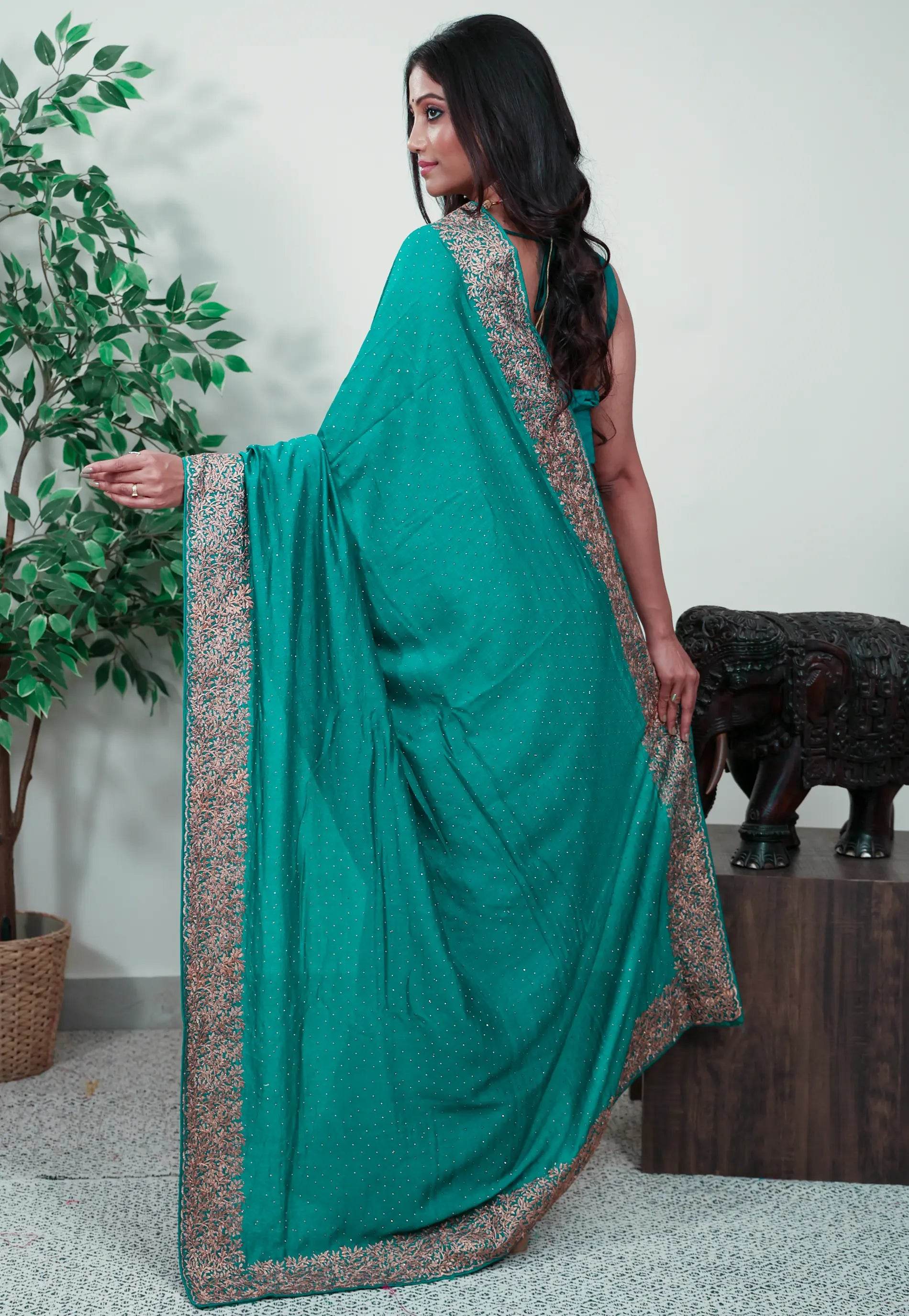 Rama Green Silk with Zari Embroidery work Saree with Blouse Piece - Adi Akshoy & Co.