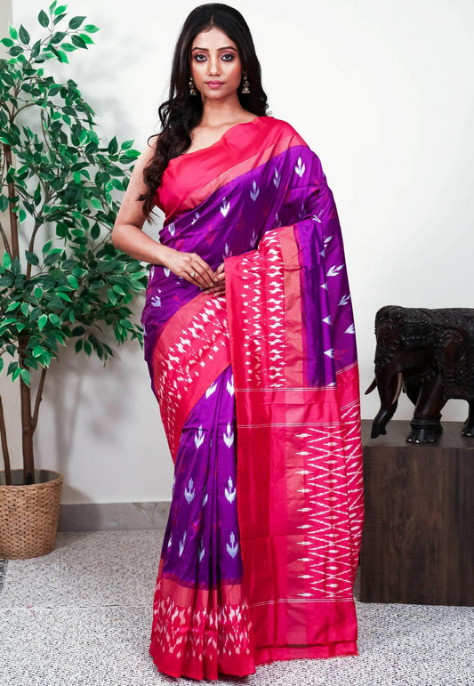 Purple with Rani Pink Border Handloom Ikkat Saree With Blouse Piece - Adi Akshoy & Co.