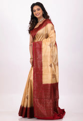 Tussar Colour with Red Border Pure Tussar Silk with Blouse Piece - Adi Akshoy & Co.