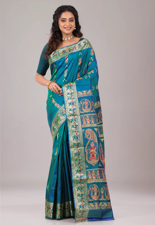 Rama Green Baluchari Pure Silk Saree with Blouse Piece  - Adi Akshoy & Co.