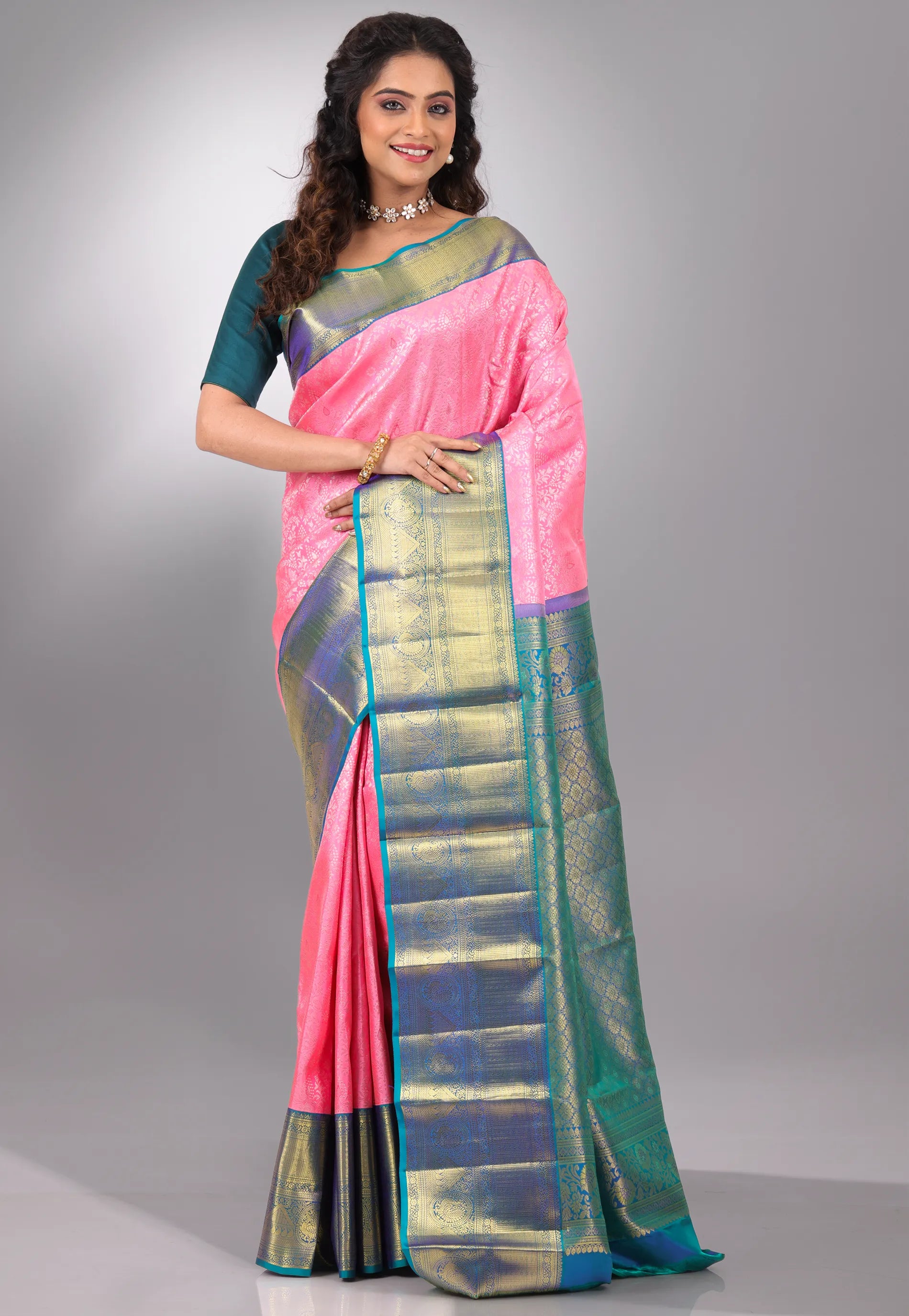 Baby Pink with Zari work Pure Kanjivaram Silk Saree With Blouse Piece - Adi Akshoy & Co.