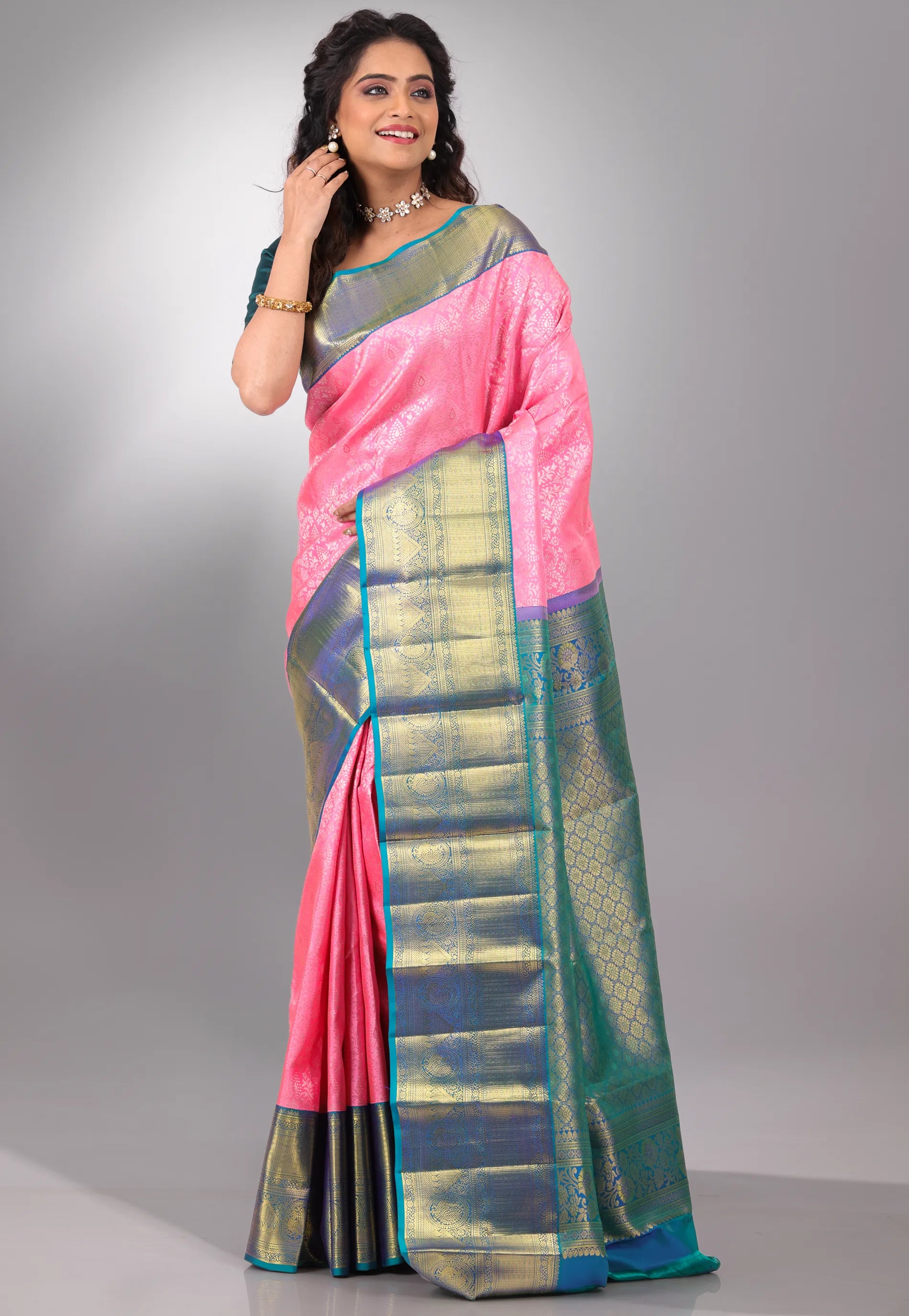 Baby Pink with Zari work Pure Kanjivaram Silk Saree With Blouse Piece - Adi Akshoy & Co.