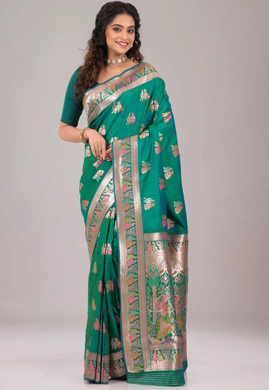 Rama Green Baluchari Silk Saree with Blouse Piece – Adi Akshoy & Co.
