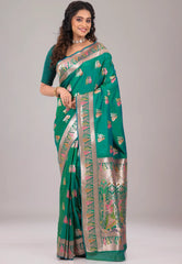 Rama Green Baluchari Silk Saree with Blouse Piece – Adi Akshoy & Co.