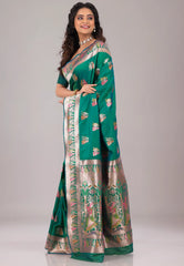 Rama Green Baluchari Silk Saree with Blouse Piece – Adi Akshoy & Co.