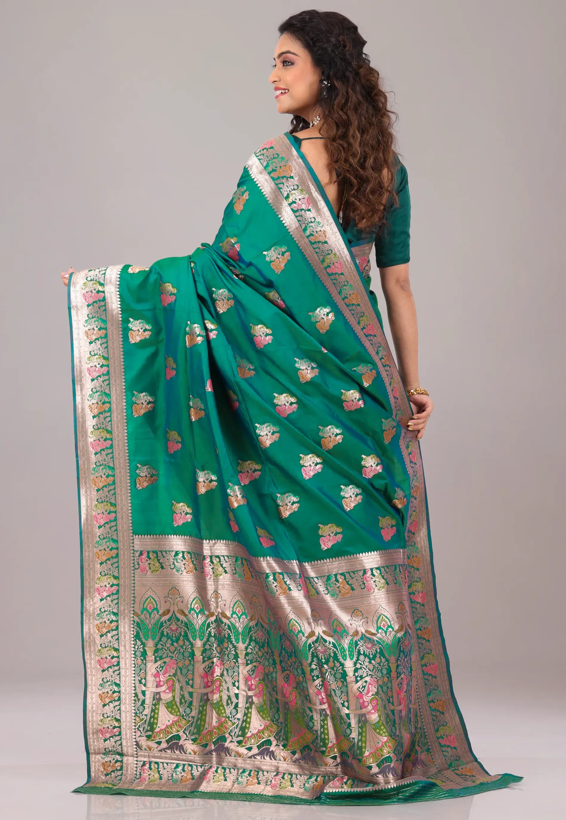 Rama Green Baluchari Silk Saree with Blouse Piece – Adi Akshoy & Co.