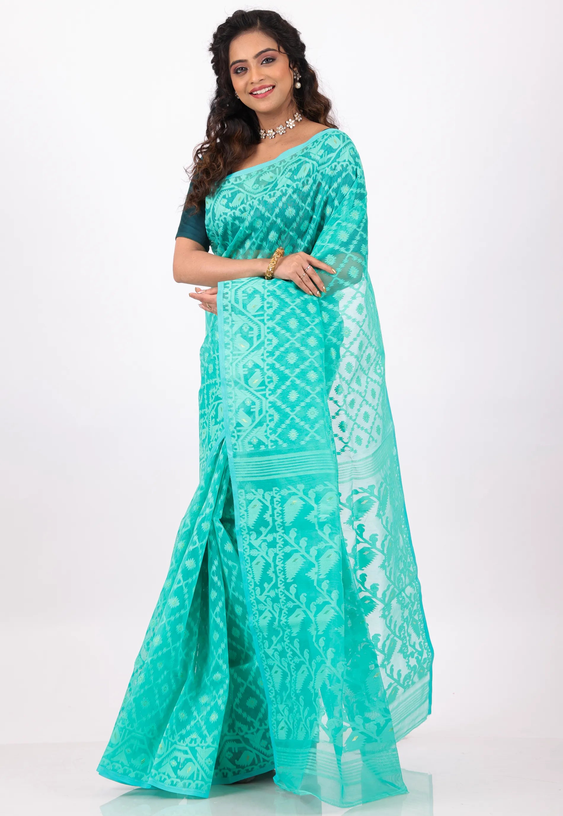 Sea Green Dhakai Jamdani Cotton Saree without Blouse Piece - Adi Akshoy & Co.