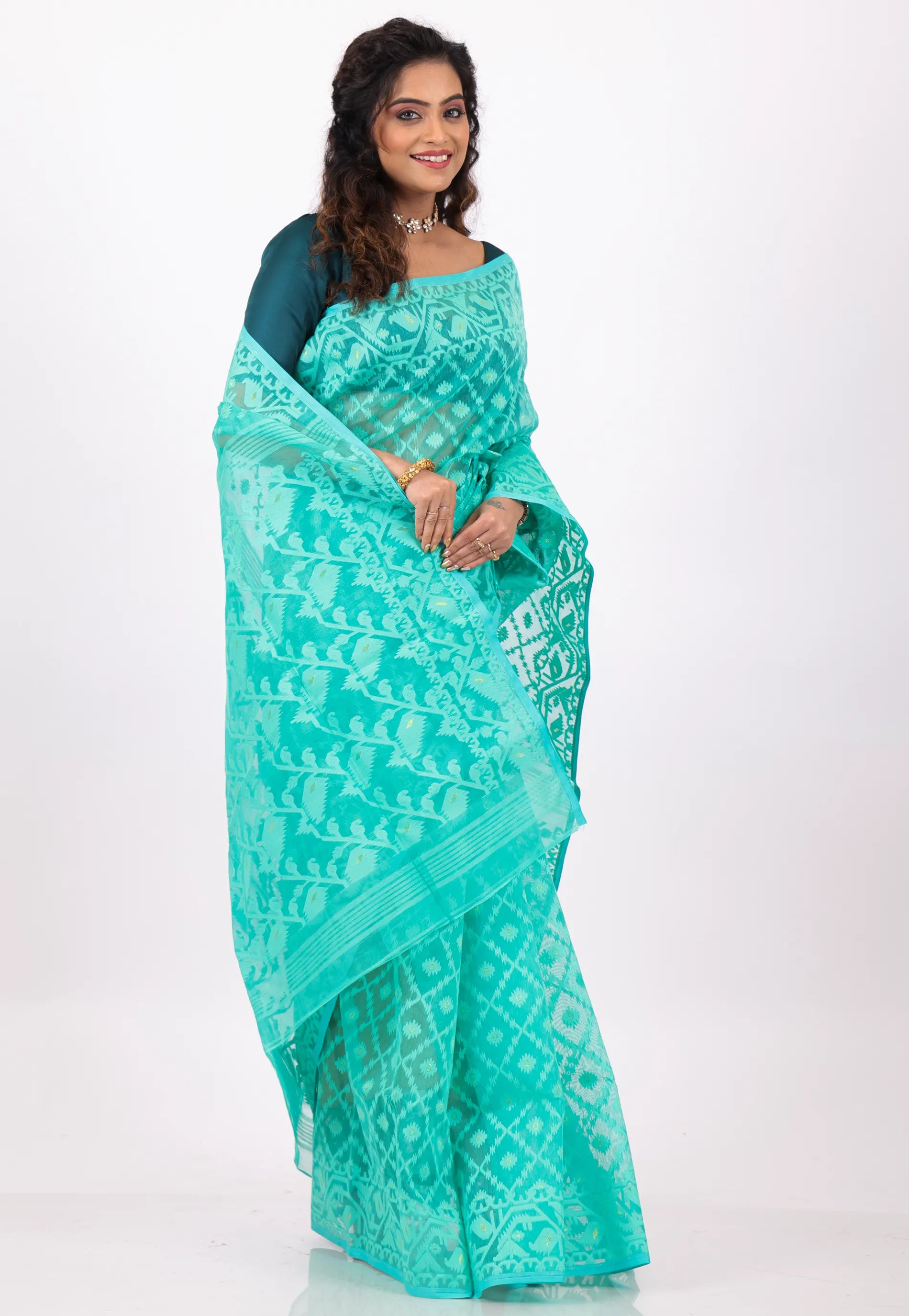 Sea Green Dhakai Jamdani Cotton Saree without Blouse Piece - Adi Akshoy & Co.