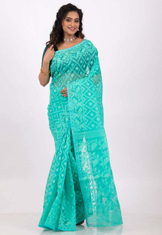 Sea Green Dhakai Jamdani Cotton Saree without Blouse Piece - Adi Akshoy & Co.