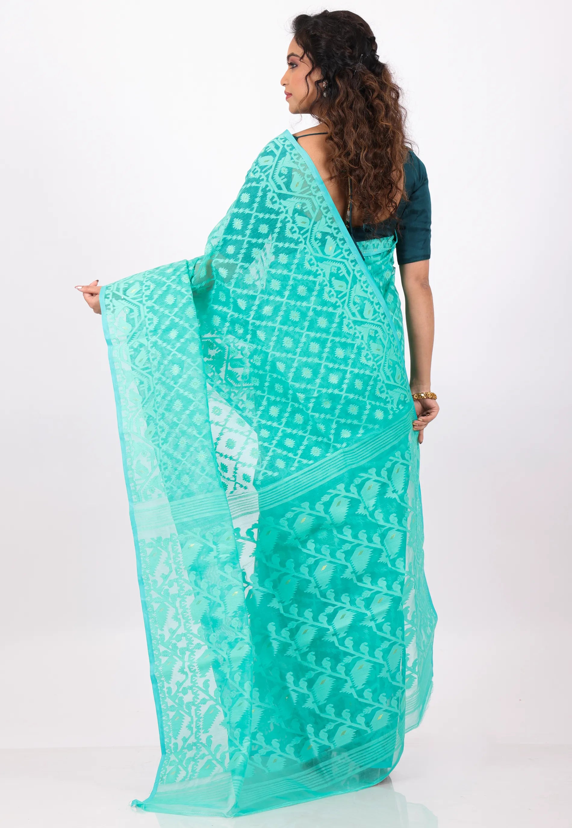 Sea Green Dhakai Jamdani Cotton Saree without Blouse Piece - Adi Akshoy & Co.