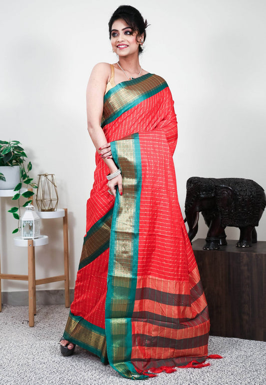 Red with Green Border Tussar Silk Saree with Blouse Piece - Adi Akshoy & Co.