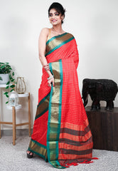 Red with Green Border Tussar Silk Saree with Blouse Piece - Adi Akshoy & Co.