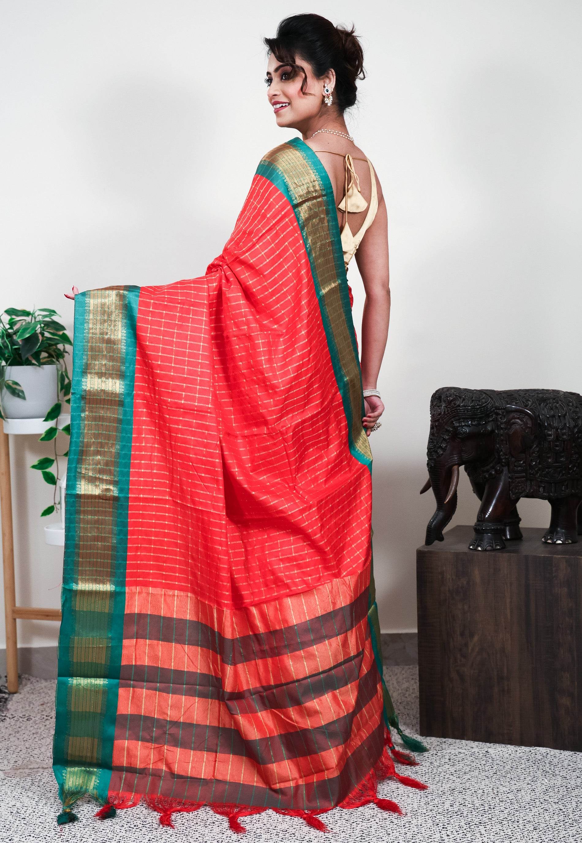 Red with Green Border Tussar Silk Saree with Blouse Piece - Adi Akshoy & Co.