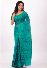 Rama Green Dhakai Jamdani Cotton Saree without Blouse Piece - Adi Akshoy & Co.