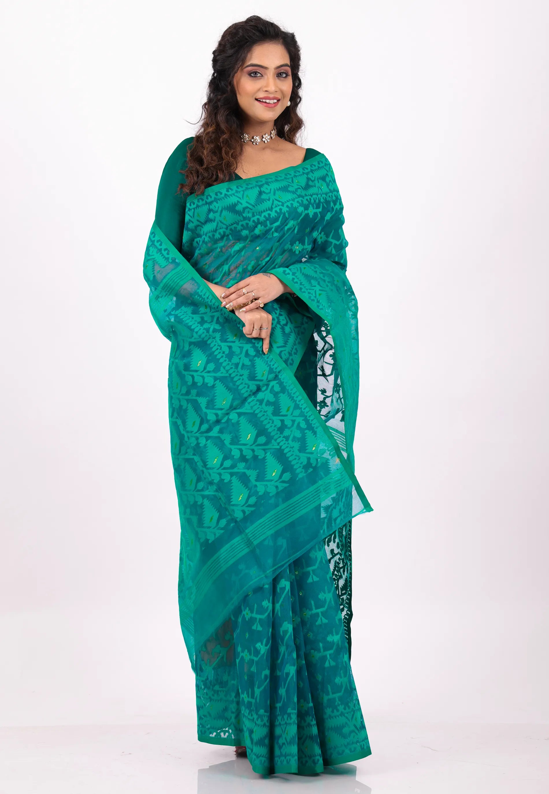 Rama Green Dhakai Jamdani Cotton Saree without Blouse Piece - Adi Akshoy & Co.