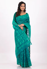 Rama Green Dhakai Jamdani Cotton Saree without Blouse Piece - Adi Akshoy & Co.