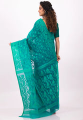 Rama Green Dhakai Jamdani Cotton Saree without Blouse Piece - Adi Akshoy & Co.