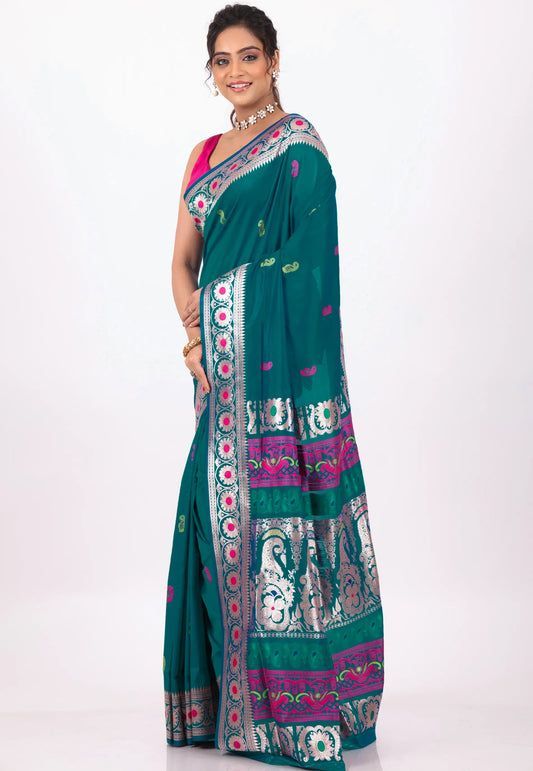 Bottle Green Baluchari Silk Saree with Blouse Piece – Adi Akshoy & Co.