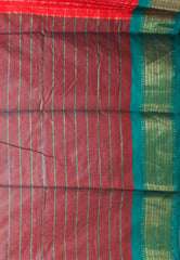 Red with Green Border Tussar Silk Saree with Blouse Piece - Adi Akshoy & Co.