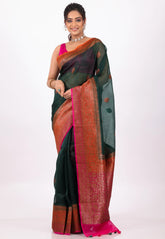 Rama Green with Orange Border Pure Kora Silk Saree With Blouse Piece - Adi Akshoy & Co.