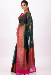 Rama Green with Orange Border Pure Kora Silk Saree With Blouse Piece - Adi Akshoy & Co.