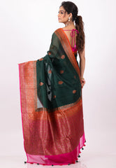 Rama Green with Orange Border Pure Kora Silk Saree With Blouse Piece - Adi Akshoy & Co.