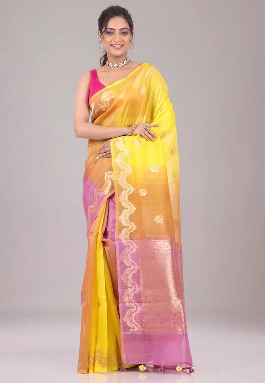 Yellow Pure Kora Silk Saree With Blouse Piece - Adi Akshoy & Co.