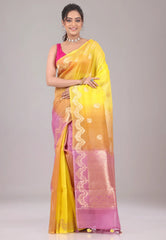 Yellow Pure Kora Silk Saree With Blouse Piece - Adi Akshoy & Co.