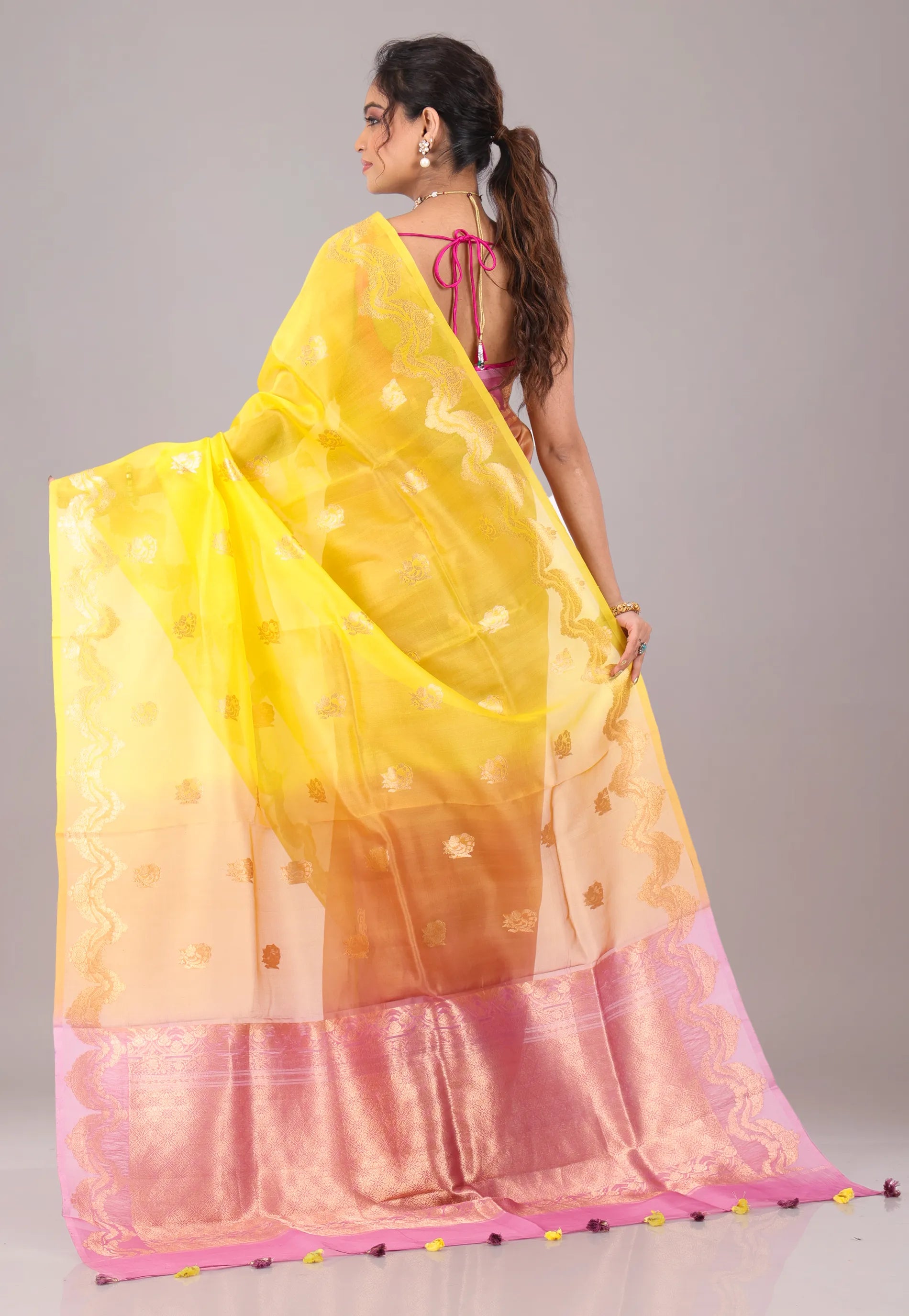 Yellow Pure Kora Silk Saree With Blouse Piece - Adi Akshoy & Co.
