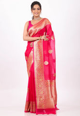 Rani with Zari work Pure Kora Silk Saree With Blouse Piece - Adi Akshoy & Co.