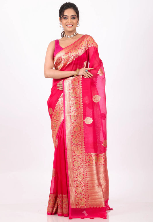 Rani with Zari work Pure Kora Silk Saree With Blouse Piece - Adi Akshoy & Co.