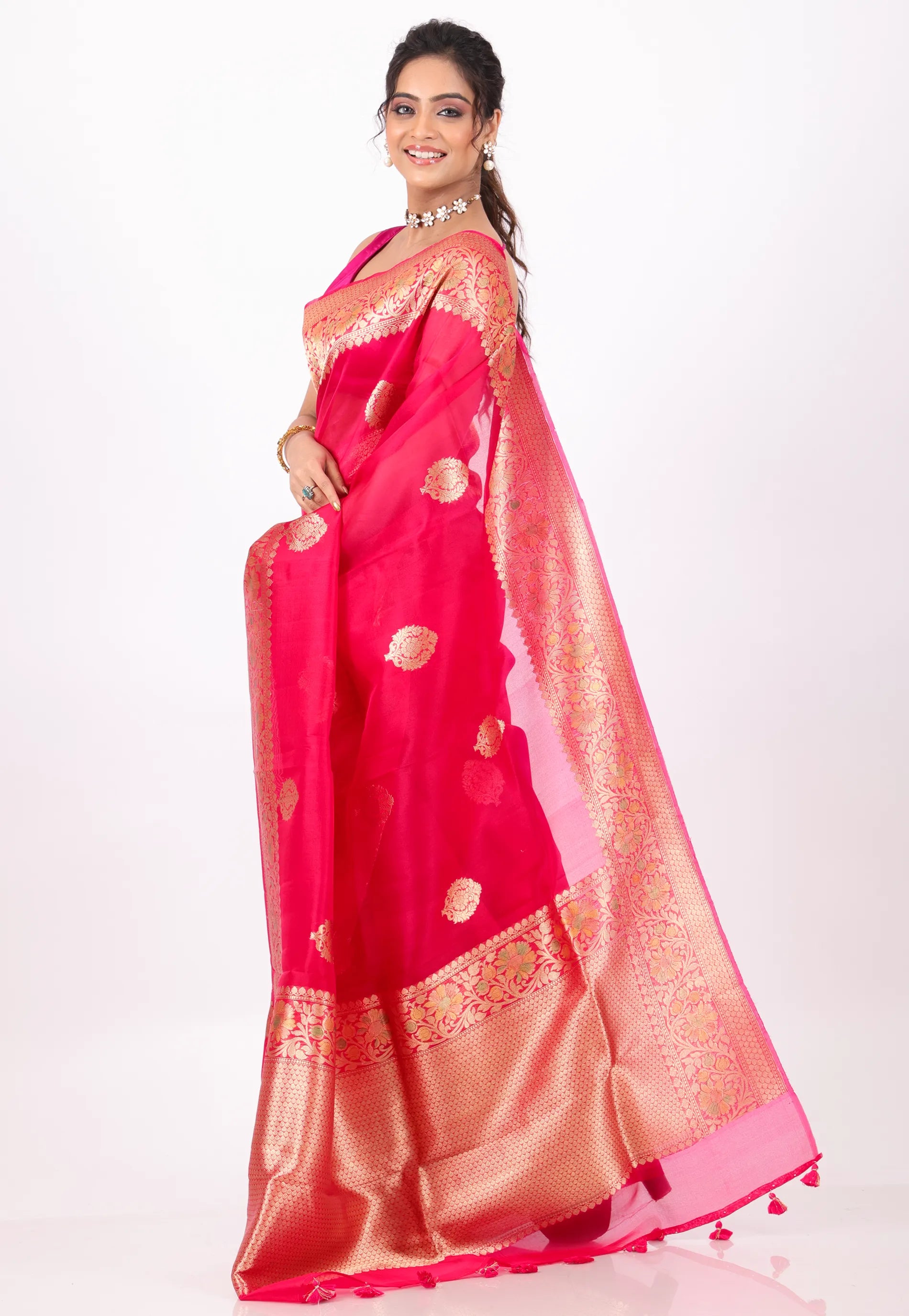 Rani with Zari work Pure Kora Silk Saree With Blouse Piece - Adi Akshoy & Co.