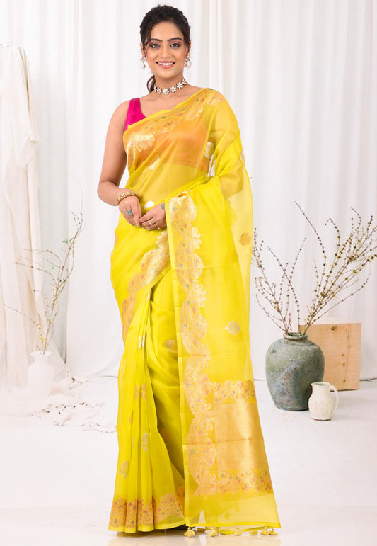 Yellow with Zari work Pure Kora Silk Saree With Blouse Piece - Adi Akshoy & Co.