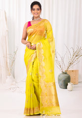 Yellow with Zari work Pure Kora Silk Saree With Blouse Piece - Adi Akshoy & Co.