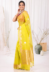 Yellow with Zari work Pure Kora Silk Saree With Blouse Piece - Adi Akshoy & Co.