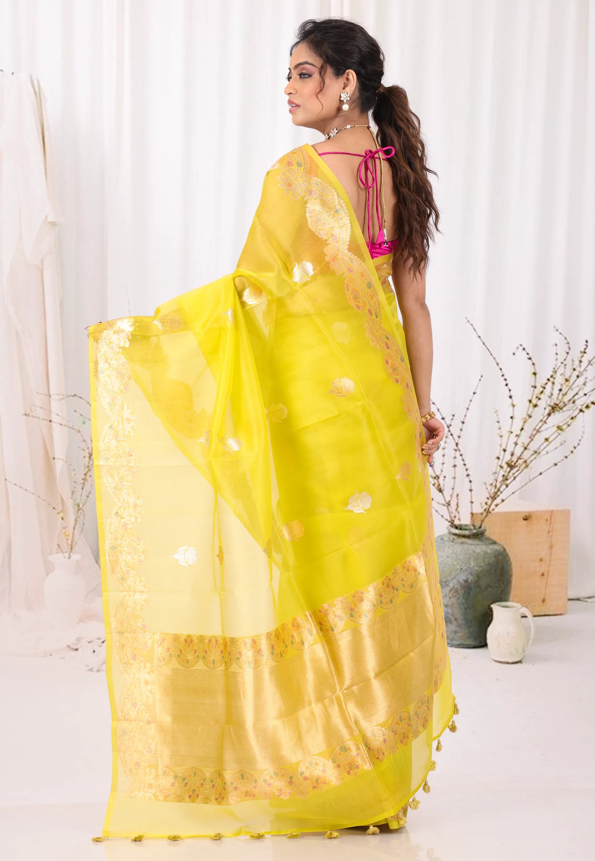 Yellow with Zari work Pure Kora Silk Saree With Blouse Piece - Adi Akshoy & Co.