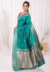 Rama Green Katan Silk Saree With Blouse Piece - Adi Akshoy & Co.