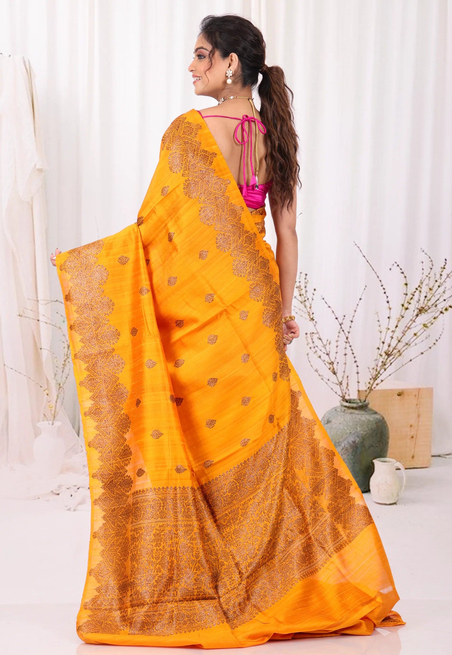 Mustard Pure Tussar Silk with Blouse Piece - Adi Akshoy & Co.