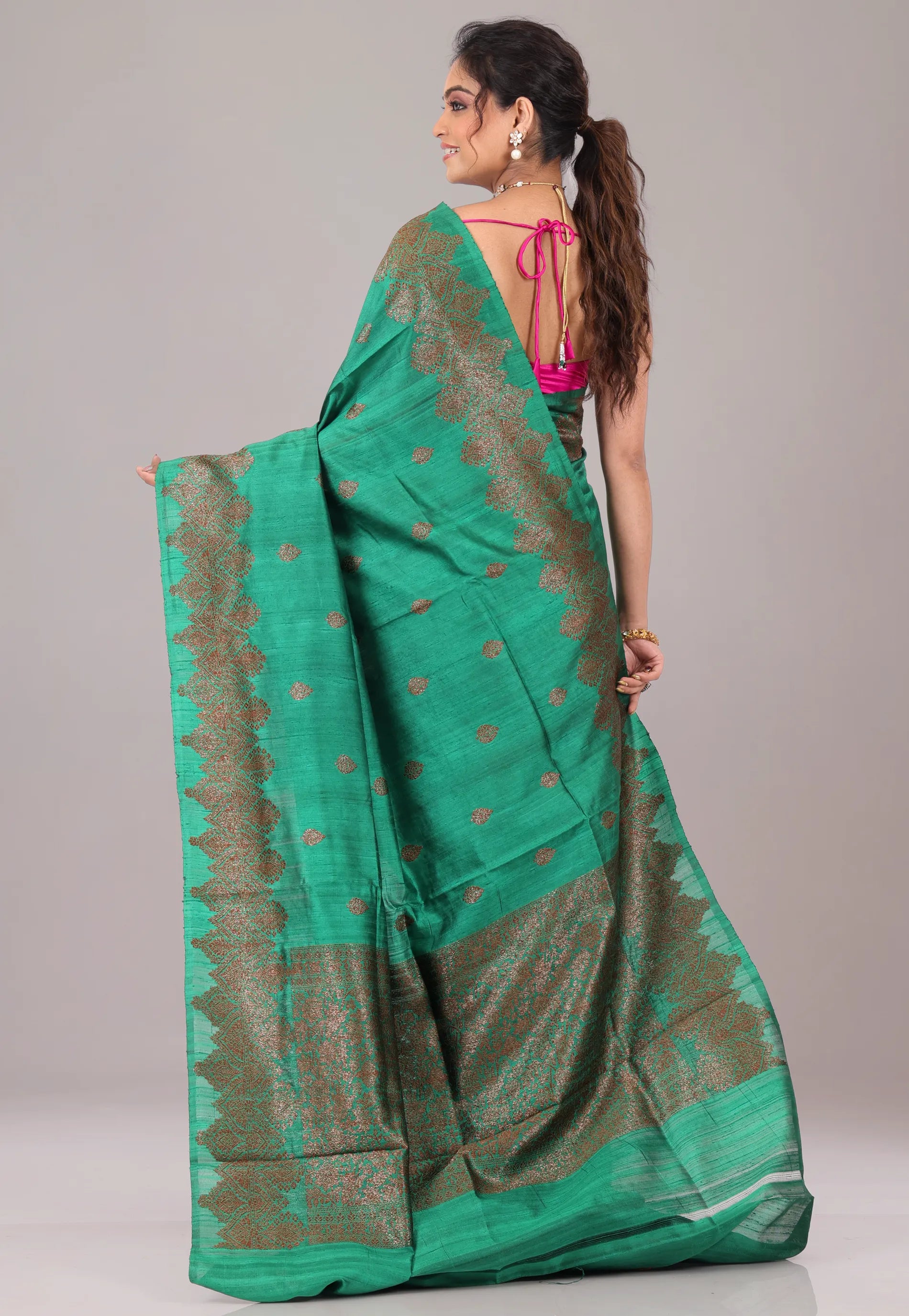 Rama Green Pure Tussar Silk with Blouse Piece - Adi Akshoy & Co.