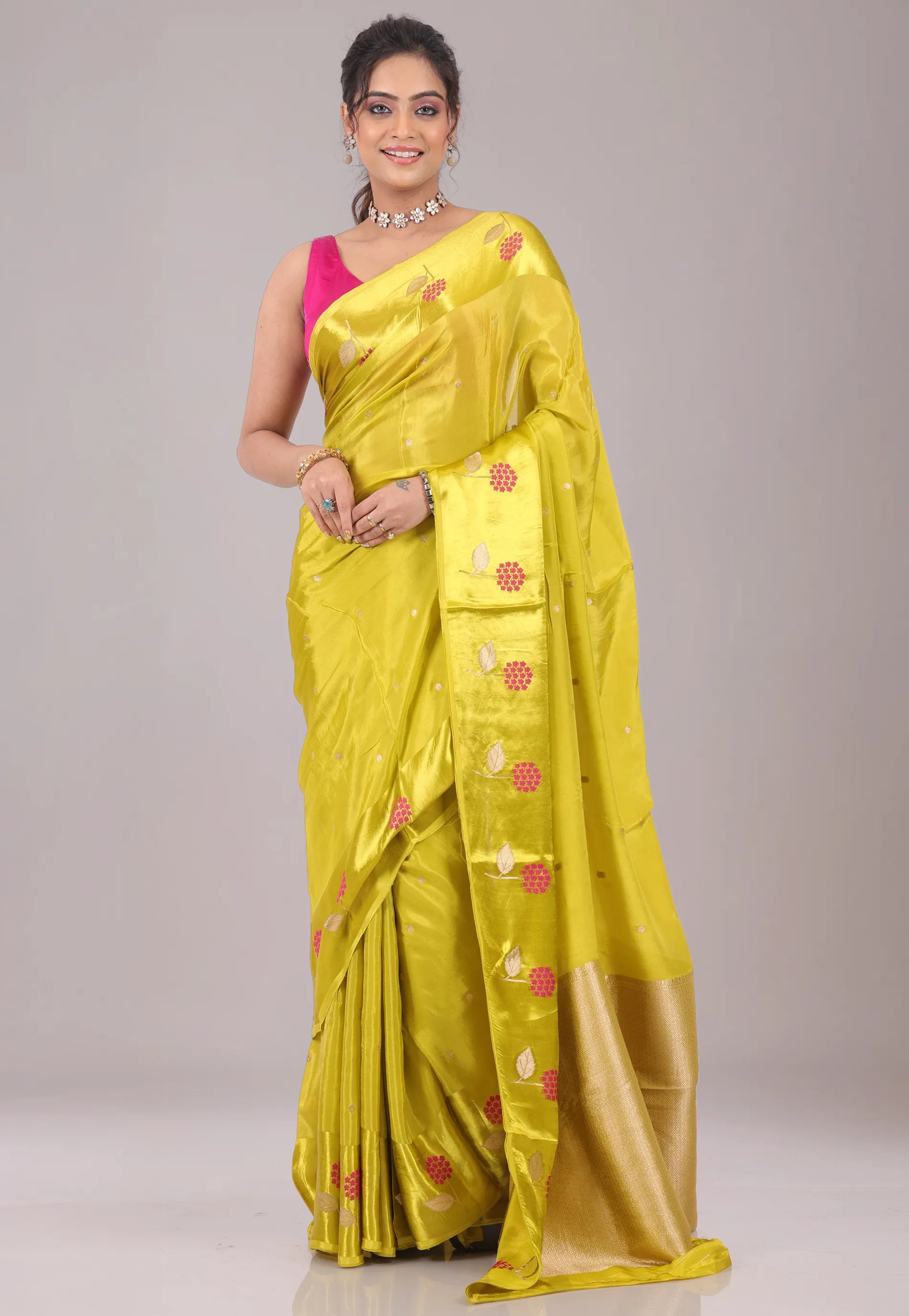 Lemon Yellow Mashru Silk Saree with Blouse Piece - Adi Akshoy & Co.
