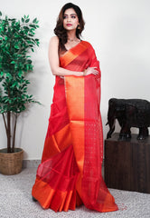 Red Kora Handloom Pure Silk Saree With Blouse Piece - Adi Akshoy & Co.