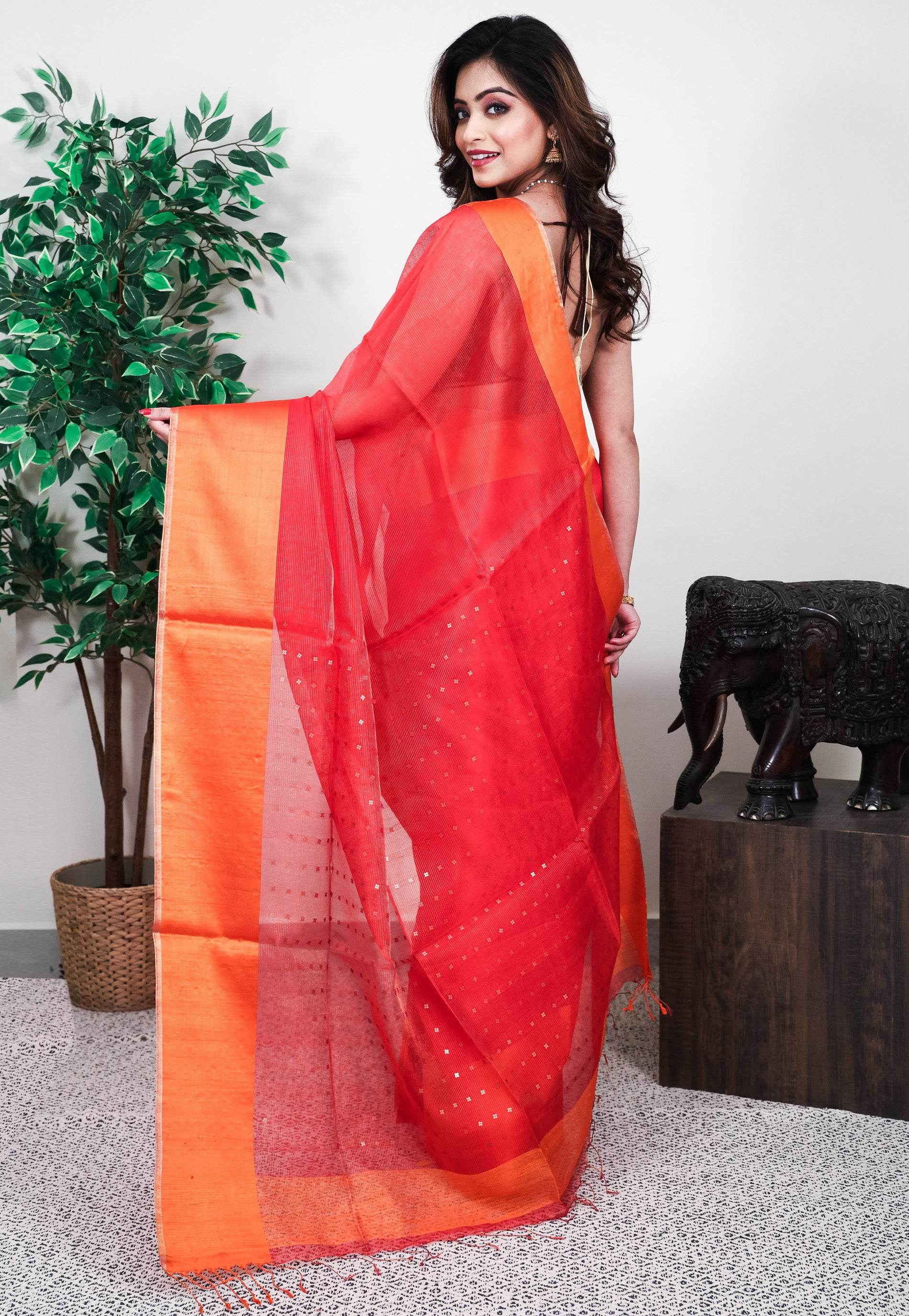 Red Kora Handloom Pure Silk Saree With Blouse Piece - Adi Akshoy & Co.