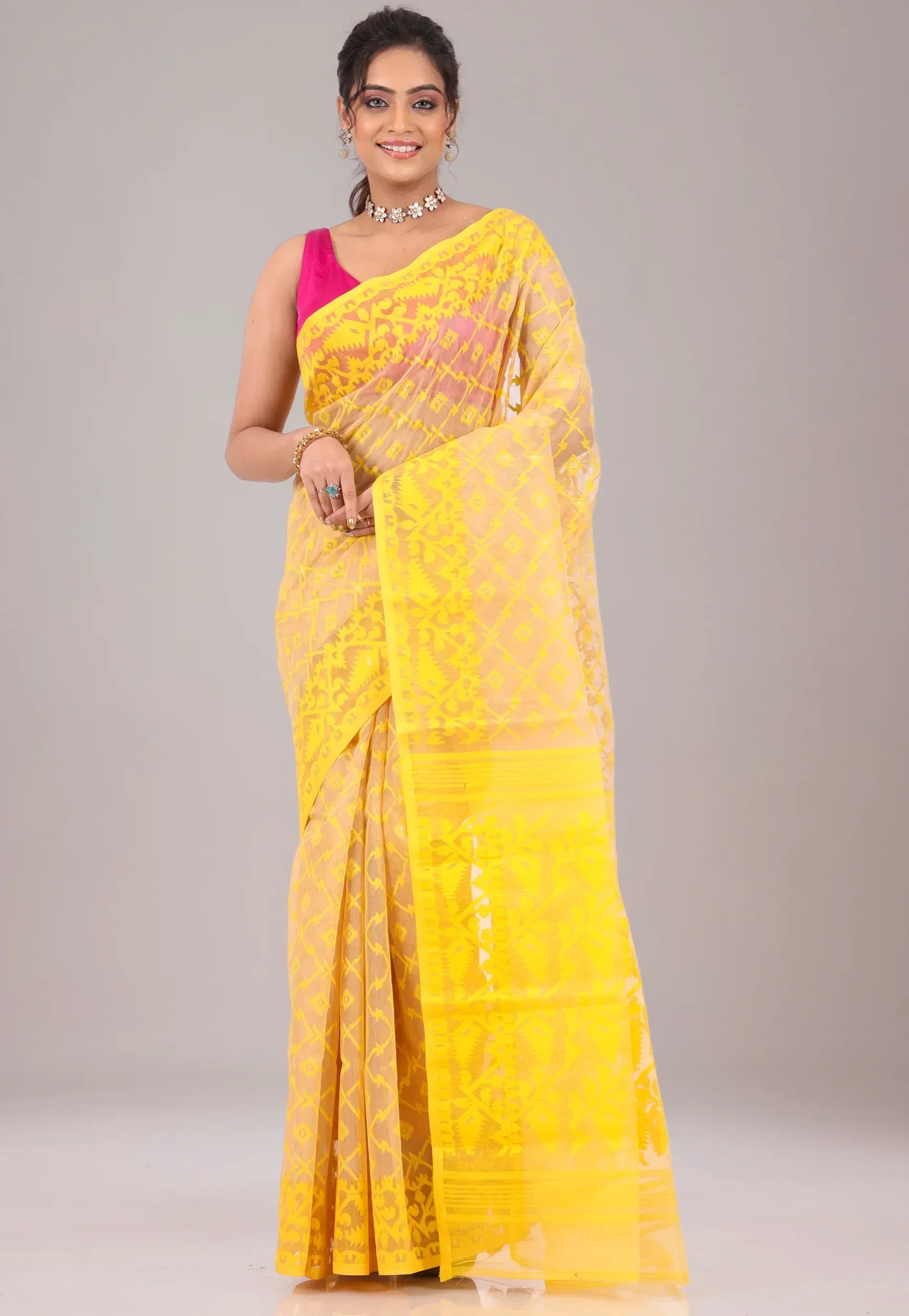 Yellow Dhakai Jamdani Cotton Saree without Blouse Piece - Adi Akshoy & Co.