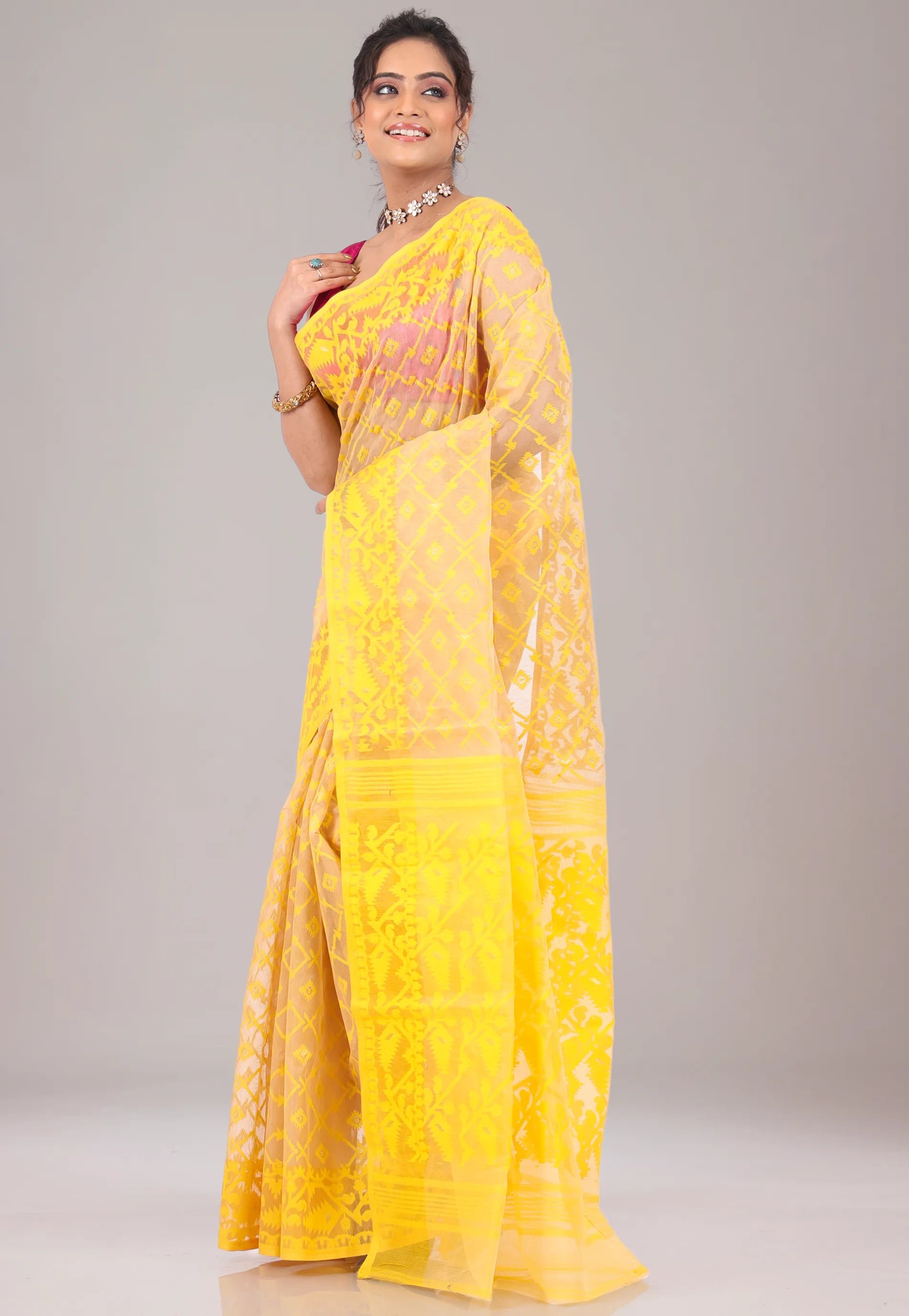 Yellow Dhakai Jamdani Cotton Saree without Blouse Piece - Adi Akshoy & Co.