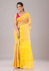 Yellow Dhakai Jamdani Cotton Saree without Blouse Piece - Adi Akshoy & Co.