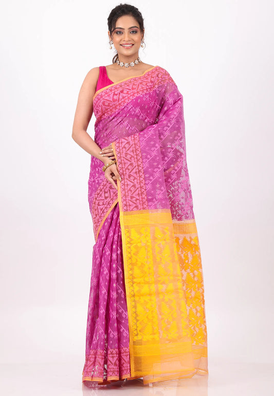 Rani Pink Dhakai Jamdani Cotton Saree without Blouse Piece - Adi Akshoy & Co.